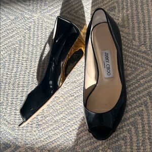 Jimmy Choo Gold Accent Peep Toe Wedge Heels